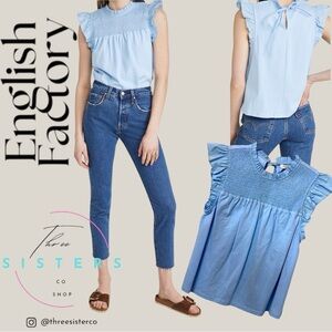 English Factory Smocked Ruffle flutter sleeve top small Mixed Media Yoke